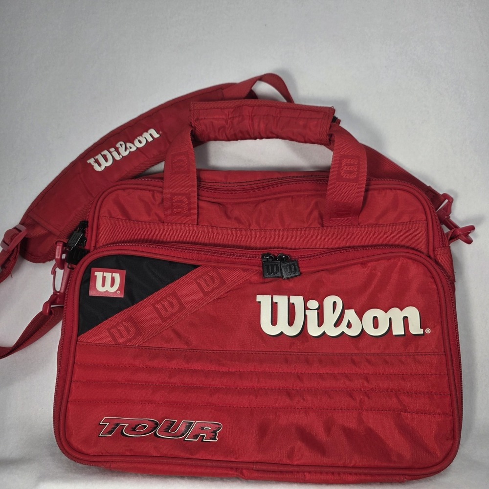 Vintage Wilson Tour Tennis Sports Messenger Laptop Travel Bag Zip Red Spellout